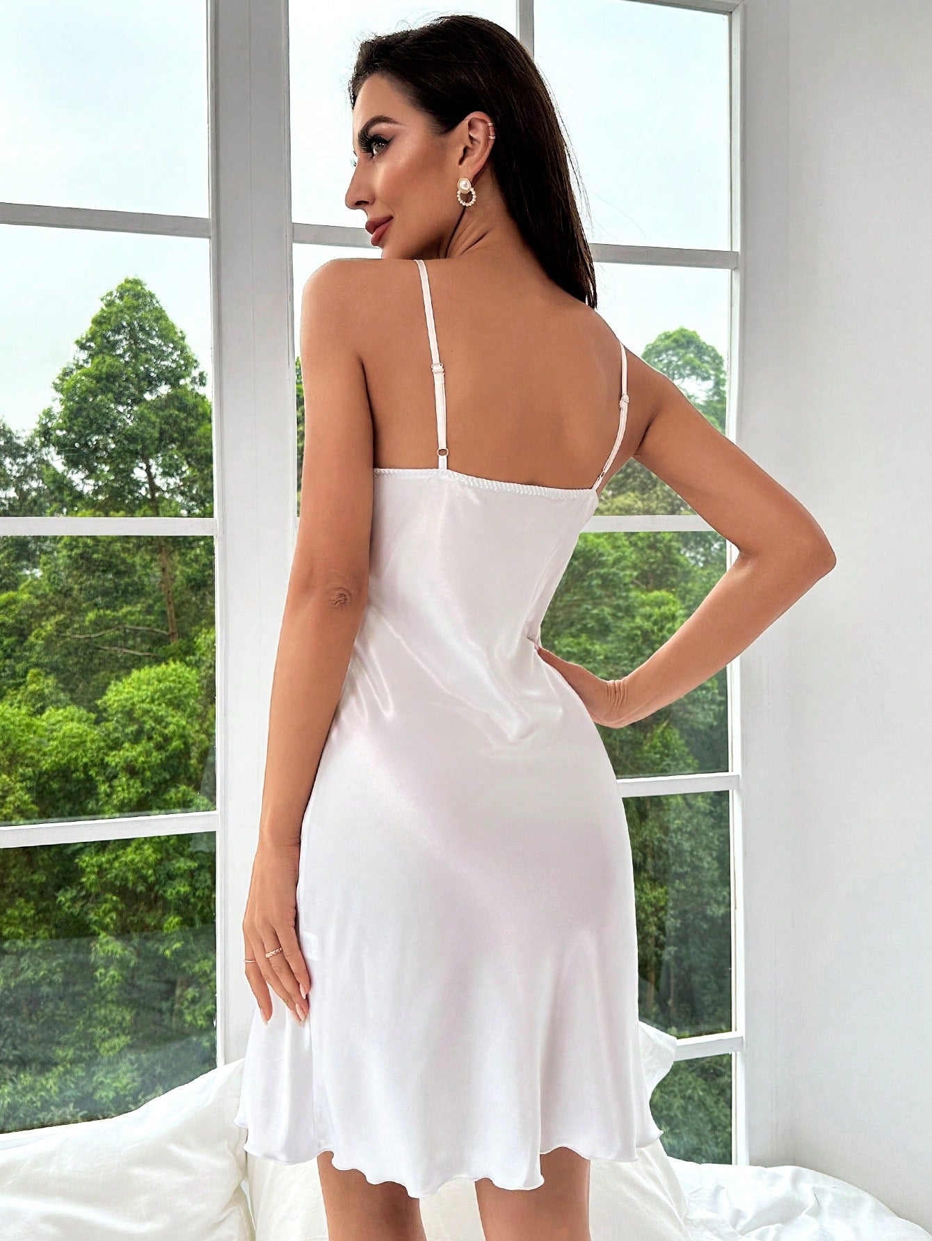 Contrast Lace Bow Front Lettuce Trim Wrap Hem Satin Cami Nightdress